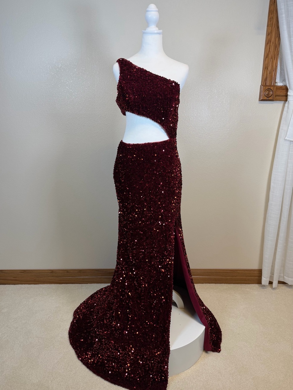 Elegant One-Shoulder Wine Sequin Evening Gown From PromGirl
